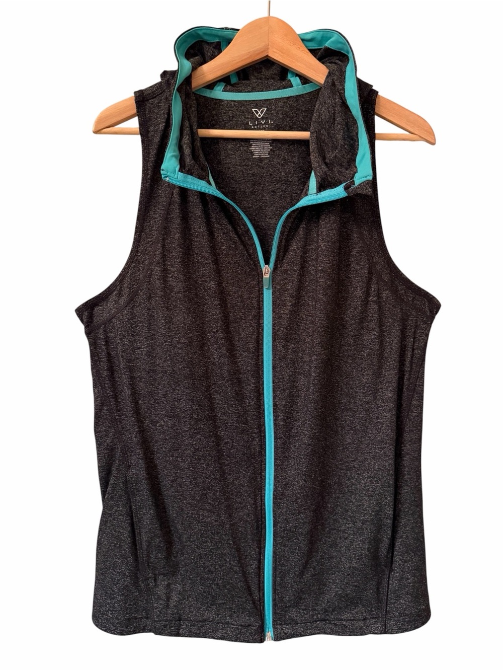 Lane Bryant Livi Active Gray Teal Sleeveless Zip Performance Hoodie Size 14/16